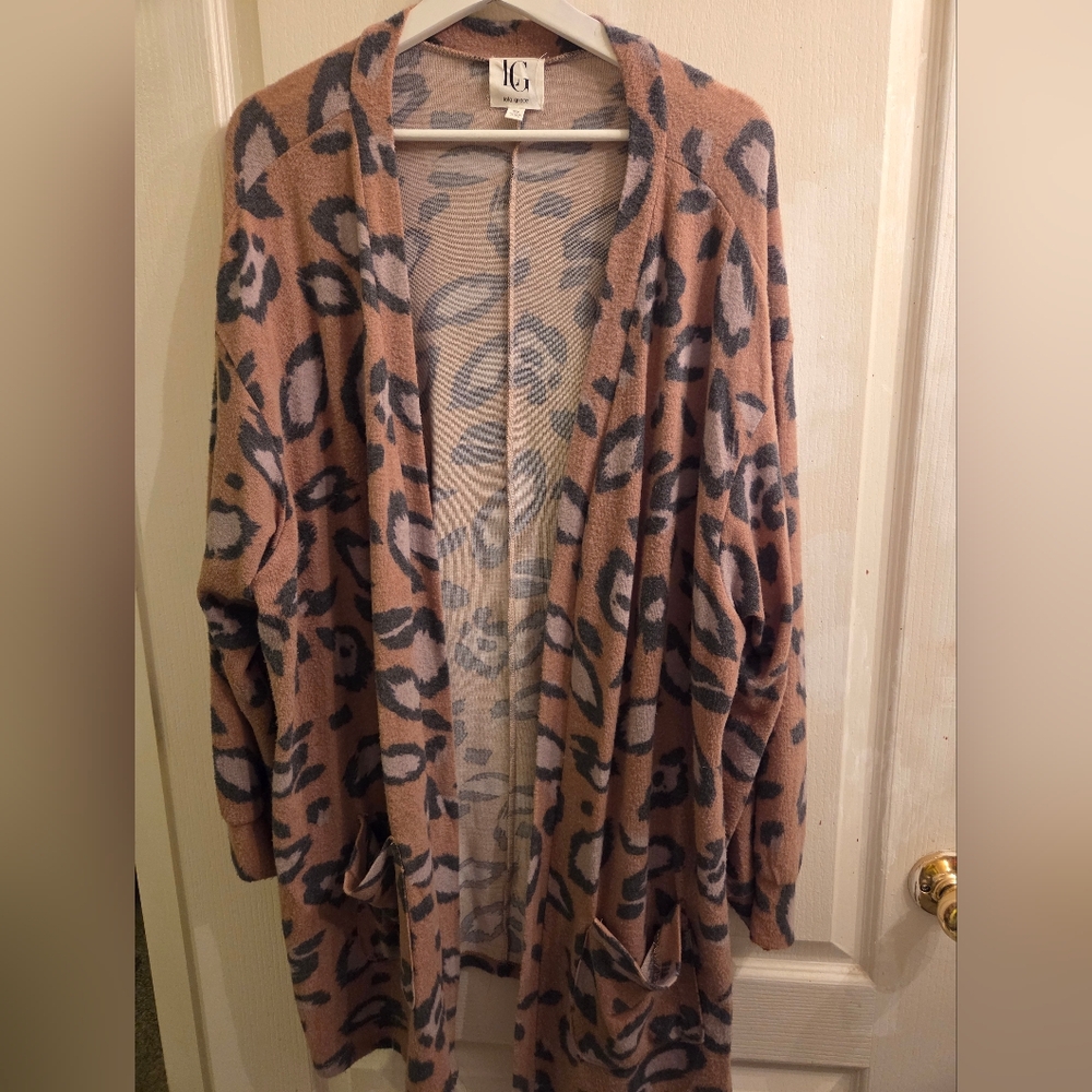 Coral and Grey Leopard Print Open Cardigan Sweater - Super Soft